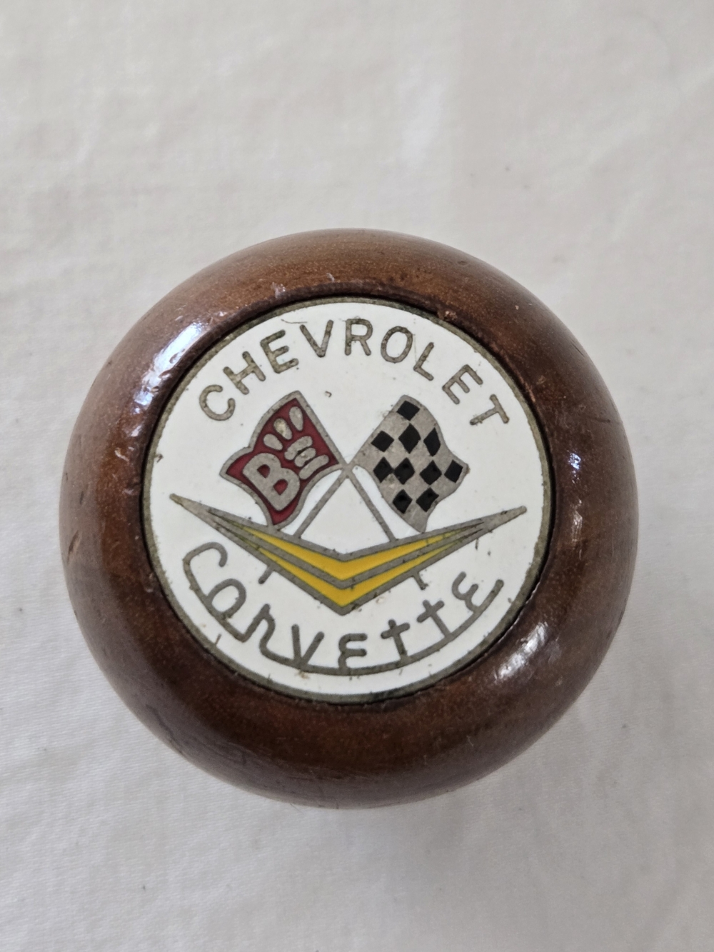 Vintage Wood Gear Shift Knob with Chevrolet Corvette Emblem
